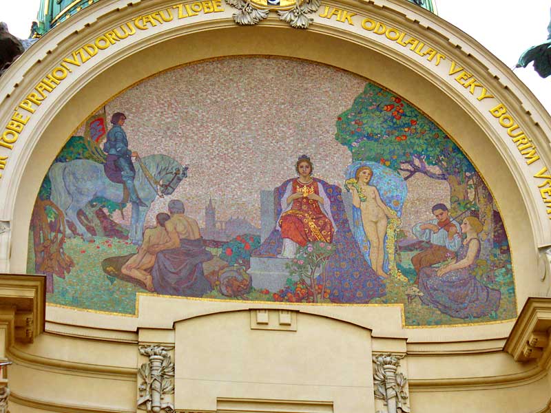 Prag-Gründung durch Königin Libussa, szenenreiches Jugendstil-Mosaik am Repräsentationshaus © IBK
